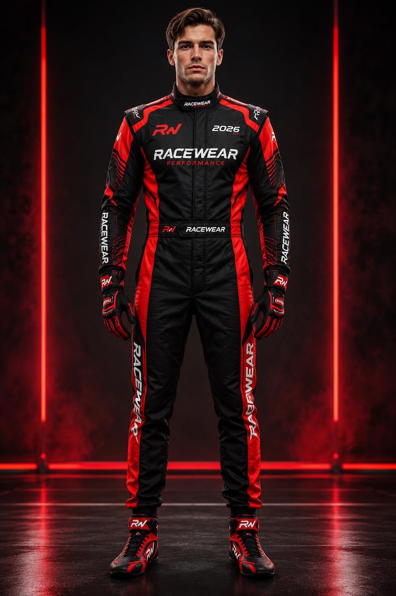 May include: A black and red racing suit featuring the text RN, 2026, and RACEWEAR PERFORMANCE on the chest, with RACEWEAR printed on the sleeves and legs. The suit includes matching black and red gloves and high-top racing shoes with RN branding.