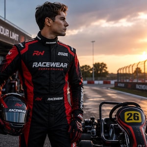 May include: A black and red racing suit with the text RACEWEAR PERFORMANCE and 2026 printed on the chest. The suit features a high collar, long sleeves, and matching gloves. A black and red helmet with the text RACEWEAR is held in one hand.