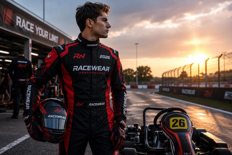 May include: A black and red racing suit with the text RACEWEAR PERFORMANCE and 2026 printed on the chest. The suit features a high collar, long sleeves, and matching gloves. A black and red helmet with the text RACEWEAR is held in one hand.