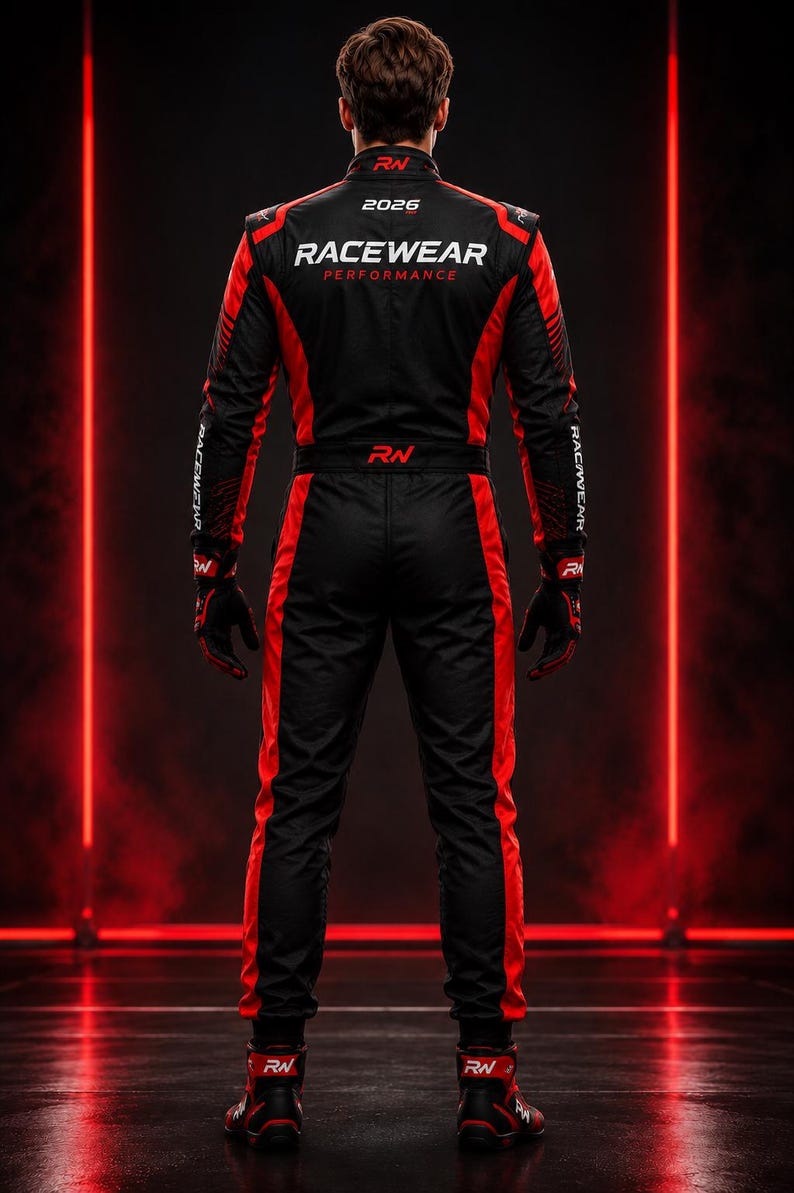 May include: A black and red racing suit featuring the text RACEWEAR PERFORMANCE and 2026 on the back. The suit includes matching black and red gloves and racing boots, all marked with the RN logo, designed for high-performance automotive activities.