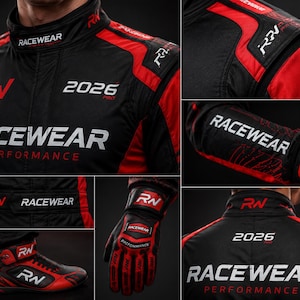 May include: A black and red racing suit featuring the text RACEWEAR PERFORMANCE and 2026 PRO, with matching gloves and shoes. The gear displays the RN logo on the collar, shoulders, sleeves, waist, gloves, and shoes, with red accents on a black base.