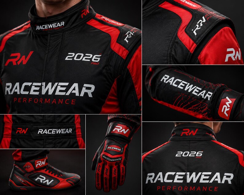 May include: A black and red racing suit featuring the text RACEWEAR PERFORMANCE and 2026 PRO, with matching gloves and shoes. The gear displays the RN logo on the collar, shoulders, sleeves, waist, gloves, and shoes, with red accents on a black base.