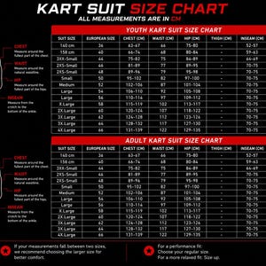 May include: A black and red kart suit size chart with white text. It features two human silhouettes with measurement lines for chest, waist, hip, inseam, and height. The table lists youth and adult sizes in cm, including European size conversions.