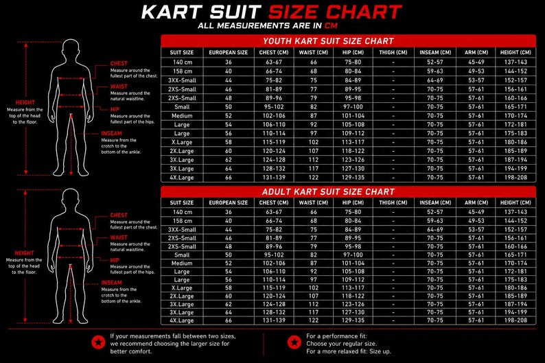 May include: A black and red kart suit size chart with white text. It features two human silhouettes with measurement lines for chest, waist, hip, inseam, and height. The table lists youth and adult sizes in cm, including European size conversions.