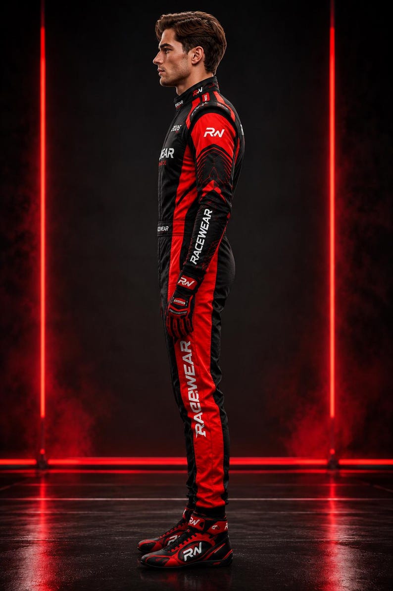 May include: A black and red racing suit featuring the text RACEWEAR printed vertically along the sleeve and leg. The suit includes a high collar, long sleeves, and matching black and red racing shoes with the letters RN visible on the side.