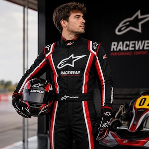 May include: A black racing suit with red and white vertical stripes, featuring the Alpinestars logo and the text RACEWEAR PERFORMANCE, COMFORT, CONTROL. The suit includes a matching black, red, and white helmet and gloves with the same branding.
