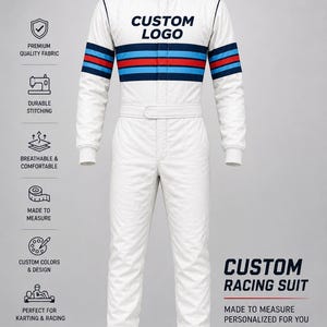 May include: A white racing suit featuring a high collar, long sleeves, and a horizontal stripe pattern in dark blue, red, and light blue across the chest. The text CUSTOM LOGO appears on the chest and collar, with CUSTOM RACING SUIT and MADE TO MEASURE PERSONALIZED FOR YOU printed on the lower right.