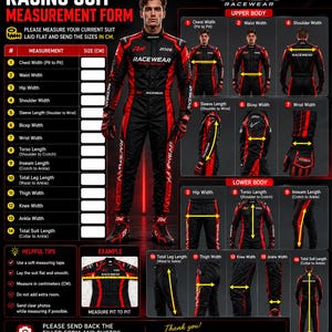 May include: A black and red racing suit measurement form featuring a central image of a person wearing the suit, surrounded by diagrams illustrating 14 specific body measurements in centimeters, including chest, waist, hip, and sleeve length.