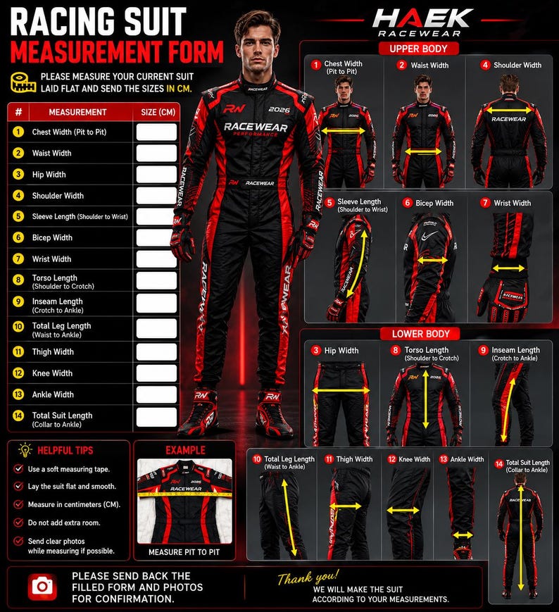 May include: A black and red racing suit measurement form featuring a central image of a person wearing the suit, surrounded by diagrams illustrating 14 specific body measurements in centimeters, including chest, waist, hip, and sleeve length.