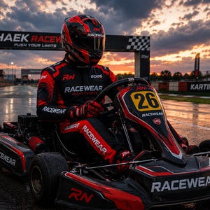 May include: A black and red go-kart with the number 26 on the front panel, featuring the text RACEWEAR. A driver wears a matching black and red racing suit and a full-face helmet with a dark visor, sitting in the kart on a wet asphalt track.