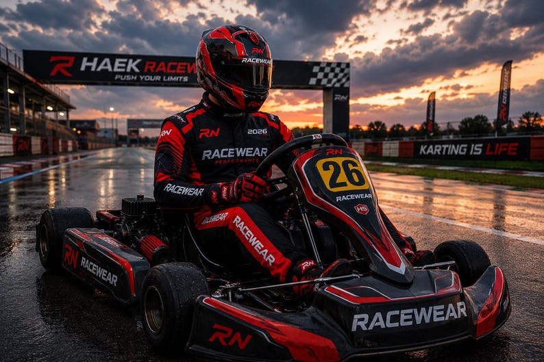 May include: A black and red go-kart with the number 26 on the front panel, featuring the text RACEWEAR. A driver wears a matching black and red racing suit and a full-face helmet with a dark visor, sitting in the kart on a wet asphalt track.