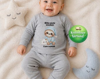 Personlig babypyjamas med namn | Sloth barnpyjamas | Vänligen väcka inte | Babyshowerpresent | Rosa och grå babypyjamas