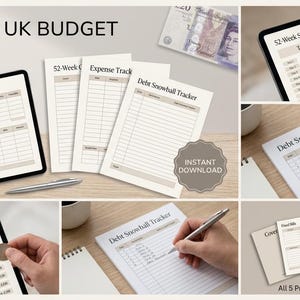 May include: A collage of images showcasing a budget planner. The planner includes a tablet with a "Fixed Bills" layout, printed pages for expense and debt tracking, and a "52-Week Savings Challenge." The text "PREMIUM UK BUDGET PLANNER" is at the top.