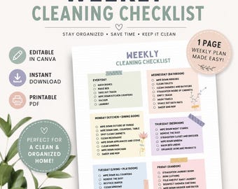 Lista de tareas de limpieza semanal / Planificador editable en Canva (Descarga instantánea)