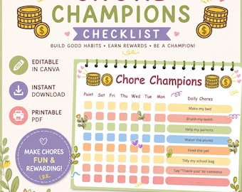 Tabla de tareas para niños imprimible / Lista de tareas para campeones / Rastreador de recompensas editable / Planificador de tareas diarias