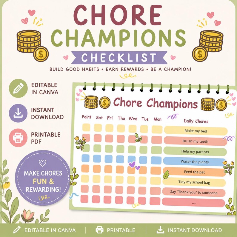 Kids Chore Chart Printable | Chore Champions Checklist | Editable ...