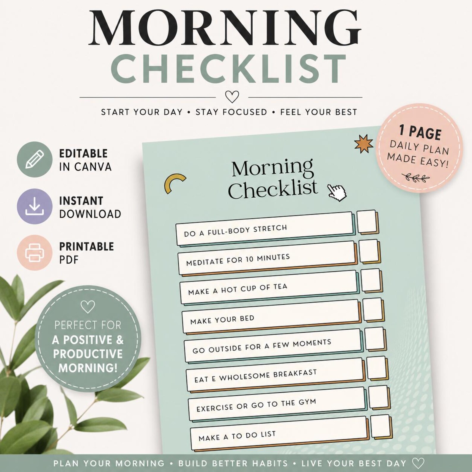Morning Checklist Printable | Editable Canva Routine Planner (digital ...