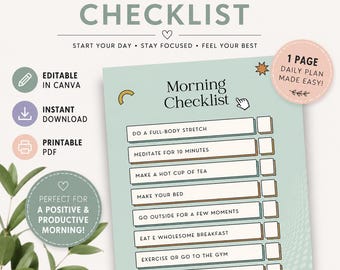 Lista de tareas matutinas imprimible/editable para Canva (descarga digital)