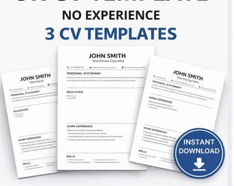 Plantillas de currículum vitae para el Reino Unido para personas sin experiencia laboral / Trabajos en almacenes, estudiantes y limpieza (Descarga digital)