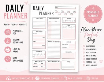 Planificador diario minimalista imprimible / Metas, horario, registro de estado de ánimo (descarga en PDF)