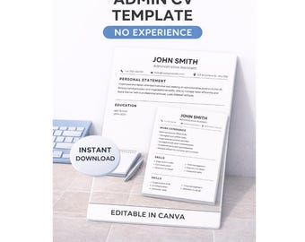 Plantilla de CV para administrador (Reino Unido) / Currículum sin experiencia / Asistente de oficina editable en Canva (Descarga digital)