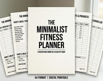 Planificador de fitness minimalista A4 / Registro de entrenamientos, seguimiento de comidas, registro de progreso (descarga digital)