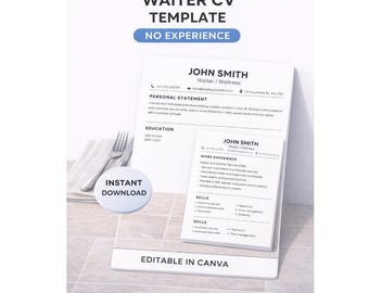 Plantilla de CV para camarero/a en el Reino Unido / Currículum para el sector de la hostelería sin experiencia (Editable en Canva)