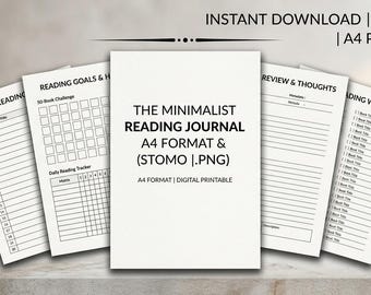 Diario de lectura minimalista: registro anual, reseñas de libros, lista de deseos (PDF tamaño A4)