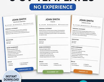Paquete de plantillas de CV para Reino Unido sin experiencia / 3 plantillas de currículum / CV de limpiador de almacén y conductor / Canva editable