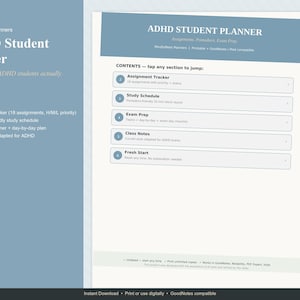 Puede incluir: Un planificador digital para estudiantes con TDAH, con un diseño en azul claro y blanco. Incluye un rastreador de tareas, horario de estudio, preparación de exámenes, notas de clase y una sección de inicio. Compatible con GoodNotes.