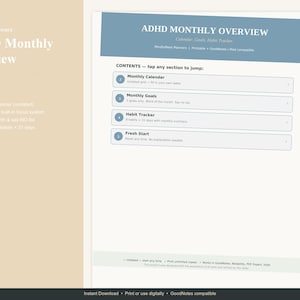 Puede incluir: Una página de planificador digital titulada "ADHD Monthly Overview" con un encabezado azul. La página incluye secciones para un calendario mensual, objetivos, un rastreador de hábitos y un nuevo comienzo. El planificador está diseñado para la compatibilidad con GoodNotes.