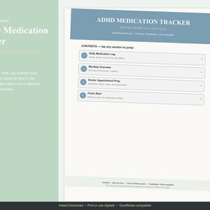 Puede incluir: Una página de planificador digital ADHD Medication Tracker con encabezado azul y fondo blanco. El diseño incluye una sección de contenido con botones interactivos para el registro diario de medicamentos, resumen mensual y preparación de citas.