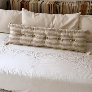 Neutral Plaid Long Lumbar Pillow, Beige Linen Blend Cushion, Ruffle Tassel Bolster Pillow, Farmhouse Cottagecore Bed Decor