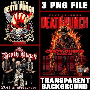 Op de afbeelding: Een digitale grafische set met afbeeldingen van de band Five Finger Death Punch, inclusief een schedellogo met boksbeugels, een bandportret en een tourposter voor het 20-jarig jubileum met een cowboy-silhouet in vlammen en tourdata.