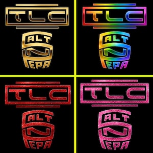 Op de afbeelding: Vier grafische ontwerpen op een zwarte achtergrond met de tekst TLC in een rechthoekig kader en de tekst SALT N PEPA in een gestapelde schildvorm. De ontwerpen zijn uitgevoerd in goud, regenboogverloop, rode glitter en roze glitter.