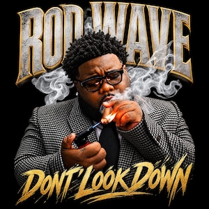 May include: A person with dark hair and glasses wearing a black and white houndstooth blazer, white shirt, and black tie, lighting a cigar with a torch lighter. The text ROD WAVE appears in gold at the top and DONT LOOK DOWN in gold at the bottom.