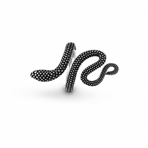 May include: A silver-toned ring shaped like a snake. The snake's body is covered in small, raised dots. The ring wraps around the finger, with the snake's head and tail curving outwards. The background is plain white.