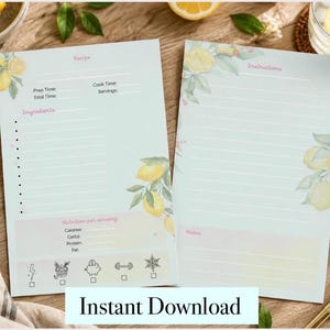 Recipe Binder Printable | Lemon Recipe Cards  | Aesthetic Kitchen Binder Page | Summer Recipe Card PDF