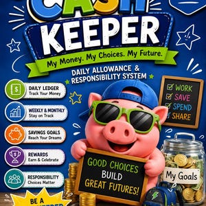 May include: A Cash Keeper daily allowance and responsibility system game box featuring a pink pig character wearing a blue baseball cap and green sunglasses. The box displays text including My Money. My Choices. My Future. and Good Choices Build Great Futures! with a glass jar of coins and a small backpack.