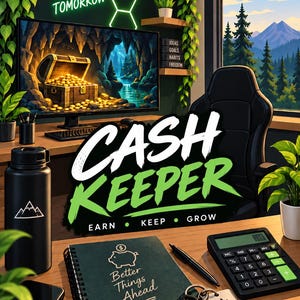 May include: A desk setup featuring a monitor displaying a treasure chest, a black water bottle with a mountain logo, a notebook labelled Better Things Ahead, a calculator, and a keychain with the text Explore Learn Grow Repeat. The text Cash Keeper Earn Keep Grow is prominent.