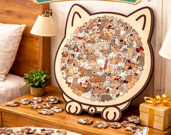 Cat Shaped Wooden Jigsaw Puzzle 135 Pieces | Unique Irregular Puzzle-Morandi Color Cat Puzzle | Gift for Cat Lovers Home Decor