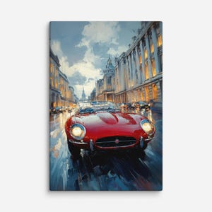 May include: A vibrant painting of a classic red convertible driving down a city street. The car's headlights are illuminated, reflecting off the wet pavement. Buildings line the street, with warm lights in the windows, under a cloudy sky.