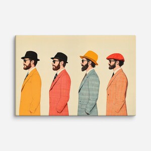 May include: An artistic print featuring four men in profile, each wearing a hat and suit in different colors: yellow, red, blue, and orange. Each man has a beard and sunglasses. The background is a solid, light beige color.