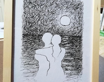 Amoureux au clair de lune - Dessin à l'encre 18X24cm