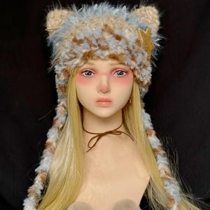 Handmade Star Cat Ear Fuzzy Trapper Hat, Kawaii Y2K Knit Winter Hat, Cozy Neutral Pom Pom Earflap Hat