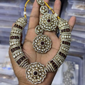 Viktorianskt antik Kundan halsbandsset med rubinröda accenter handgjorda kulturarvssmycken