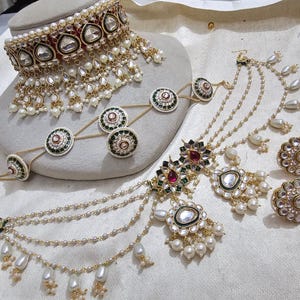 Luxurious Polki Kundan Bridal Set | Emerald Meenakari Sheeshphool and Matha Patti