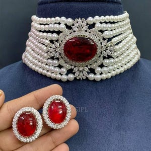 Silver Finish Pearl Choker Set with Ruby Red Oval Center Statement Wedding Jewelry