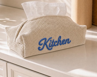 Custom Embroidered Linen Cotton Tissue Box Cover, Personalized Room Label Boho Home Decor