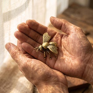 May include: A small, three-dimensional brass bee figurine featuring detailed wings, a rounded body, and six legs. The metal surface has a polished, golden-brown finish with visible etched lines on the wings and segments on the abdomen.